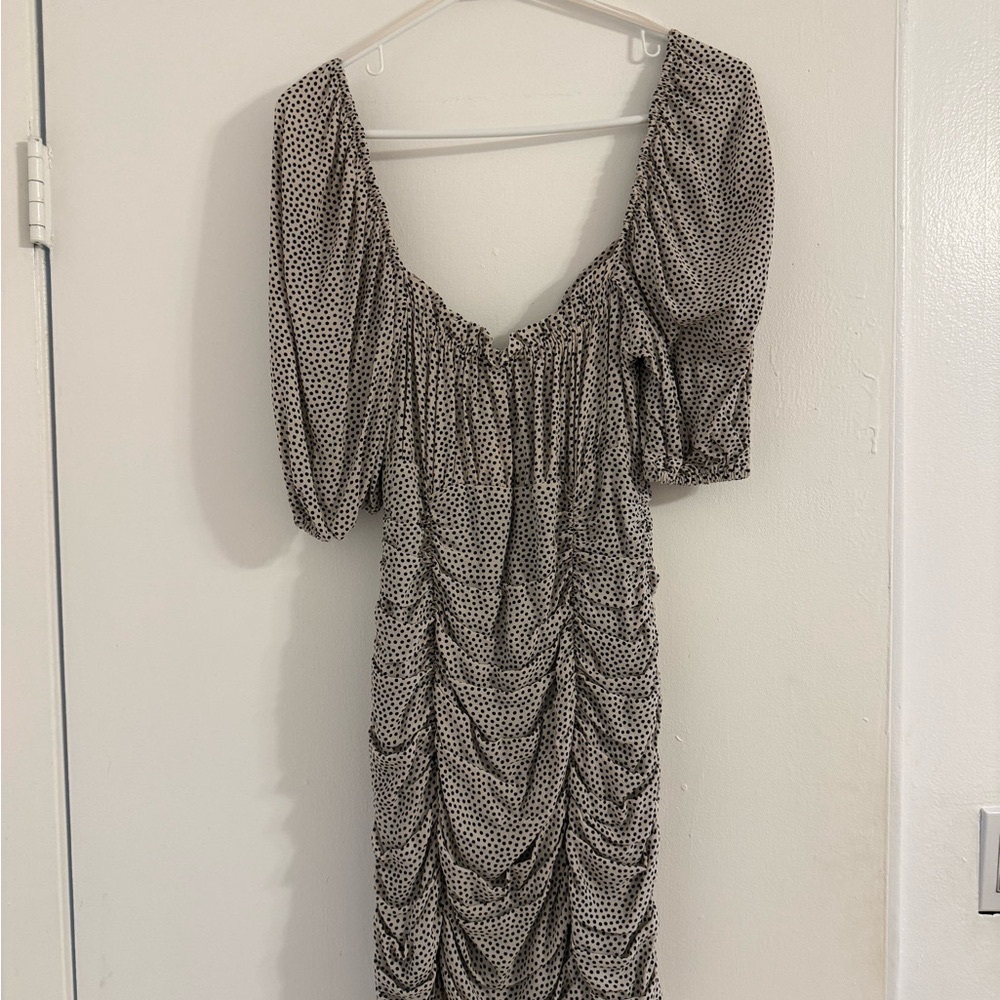 Zara Puff Sleeve Ruched Polka Dot Dress White and Black, Size Small, New with ta